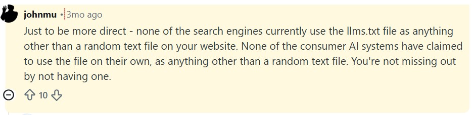 John Mueller commenting on Reddit about llms.txt
