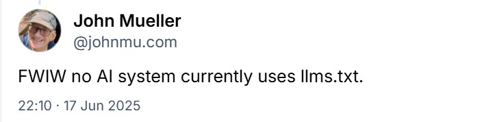 John Mueller commenting about llms.txt