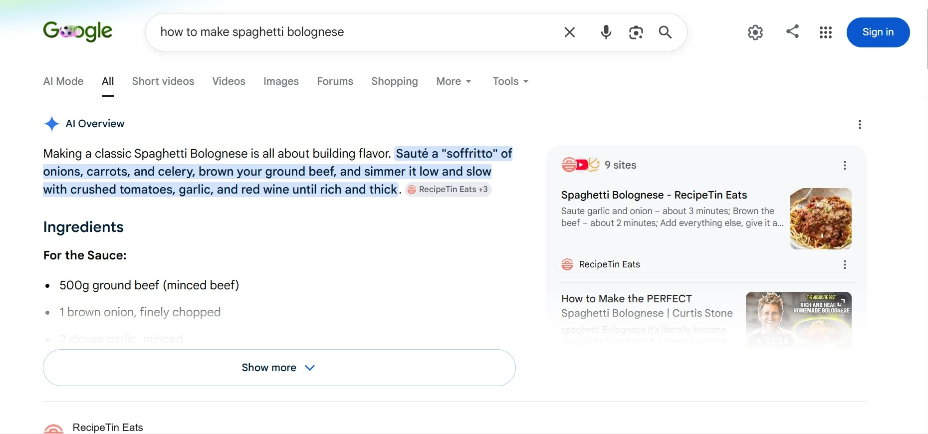 Example of Google search results showing AI Overview and featured snippets