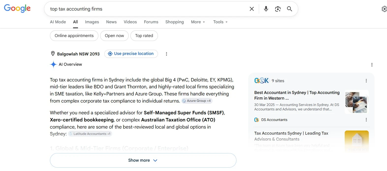 Example of Accounting Firm Results Through AI Overviews